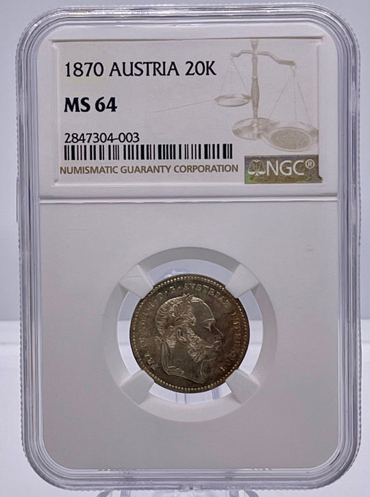 Austria 20 kreuzer 1870, NGC MS64, "Emperor Franz Joseph (1848 - 1916)"