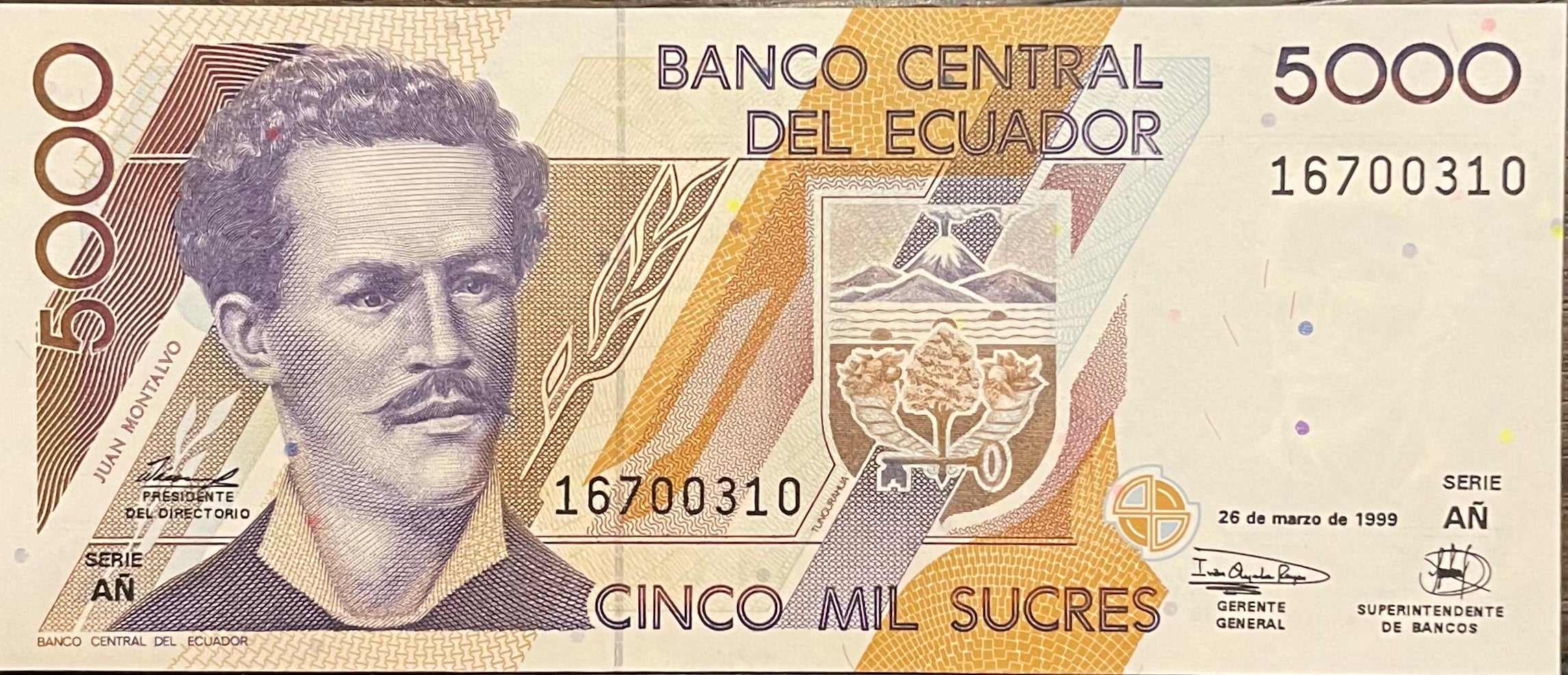 Ecuador 5000 Sucres 1999 P-128c UNC World Banknote