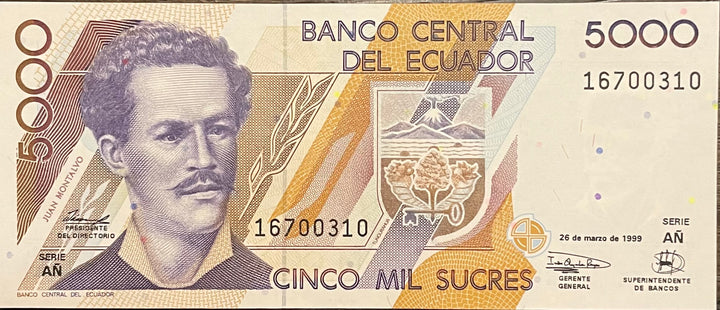 Ecuador 5000 Sucres 1999 P-128c UNC World Banknote