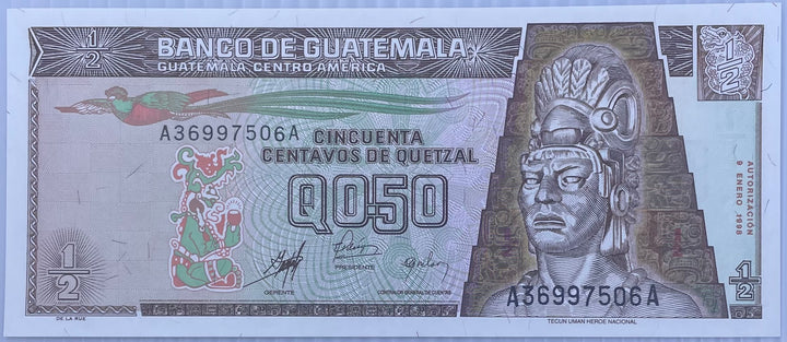 1998 Guatemala 1/2 Quetzal P-98 UNC World Banknote