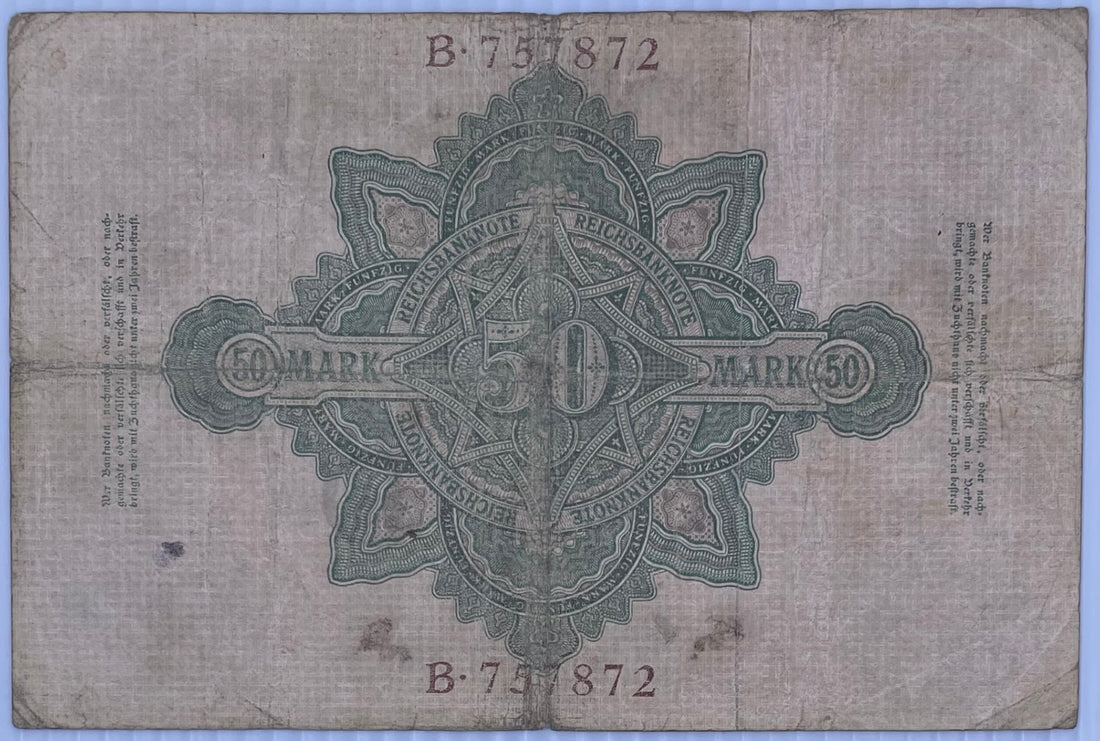 1906 Germany 50 Mark P-26 Used World Banknote