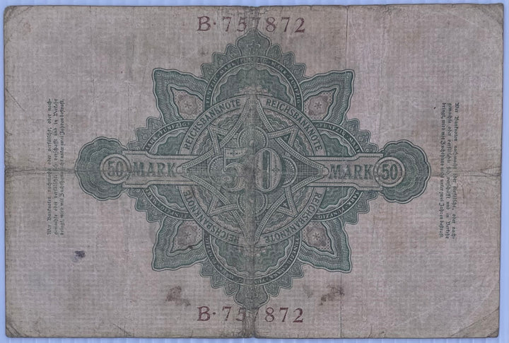 1906 Germany 50 Mark P-26 Used World Banknote