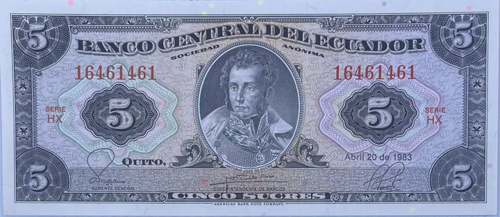 1983 Ecuador 5 Sucres P-108 UNC World Banknote From Lot