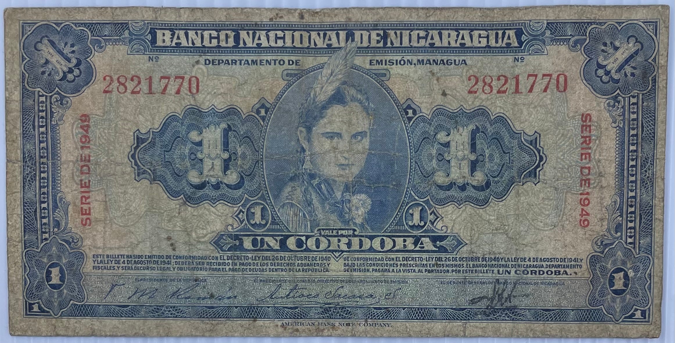 1949 Nicaragua 1 Cordobas P-91a Used World Banknote From Lot