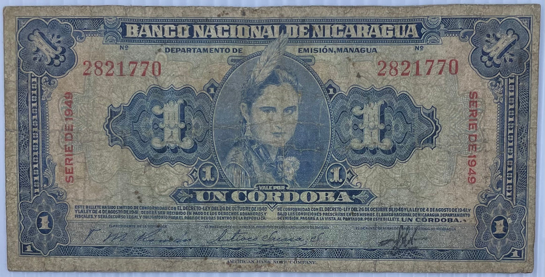 1949 Nicaragua 1 Cordobas P-91a Used World Banknote From Lot