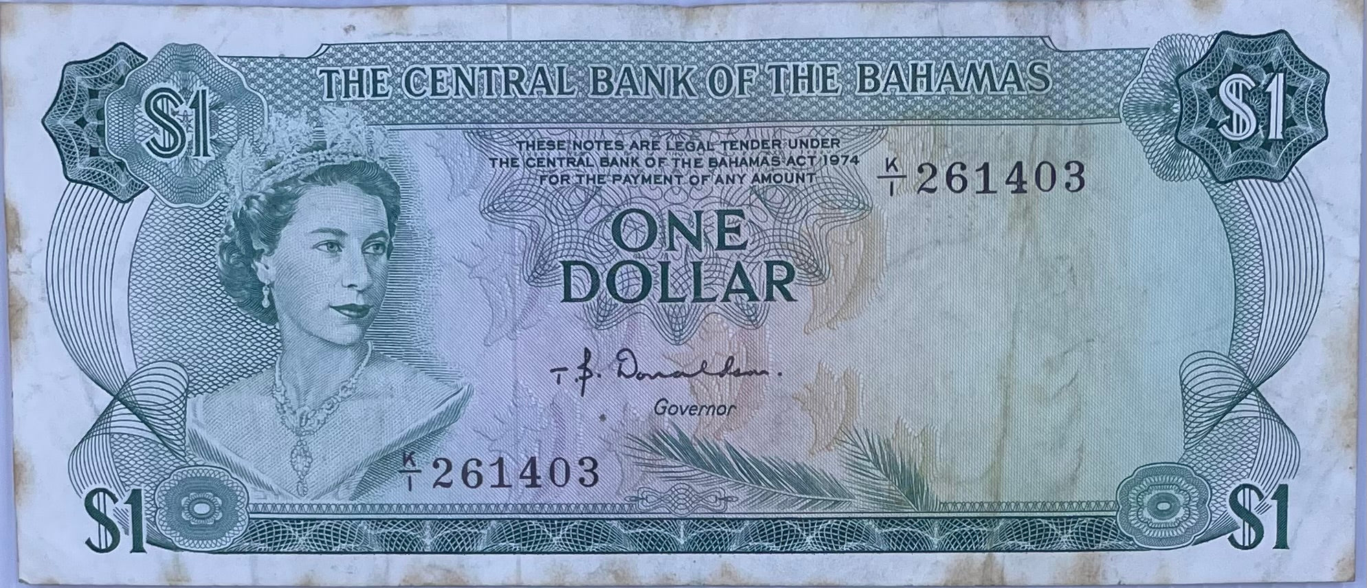 1974 Bahamas 1 Dollar P-35 QEII used banknote