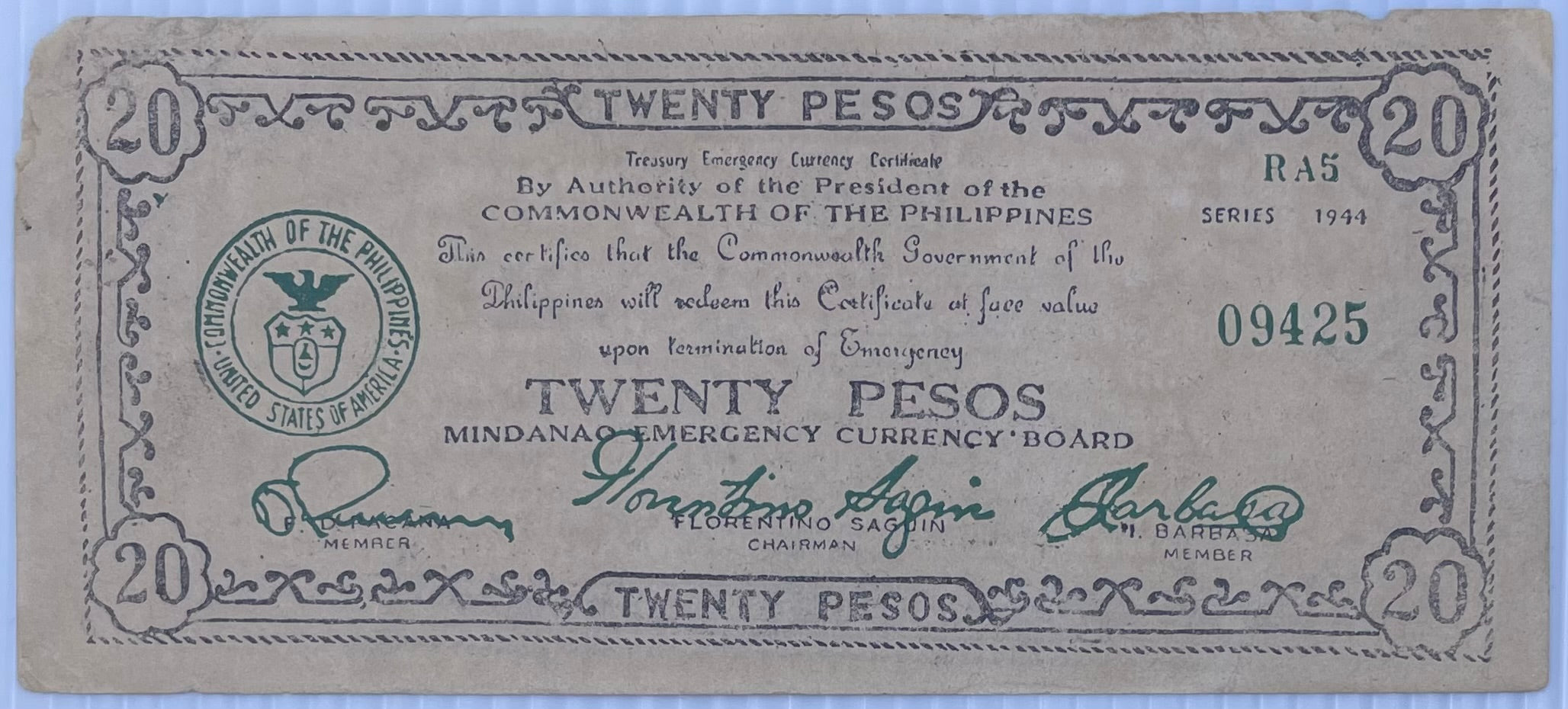1944 Philippines 20 Pesos Mindano Emergency Currency P-S528D WW2 Circulated World Banknote