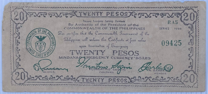 1944 Philippines 20 Pesos Mindano Emergency Currency P-S528D WW2 Circulated World Banknote