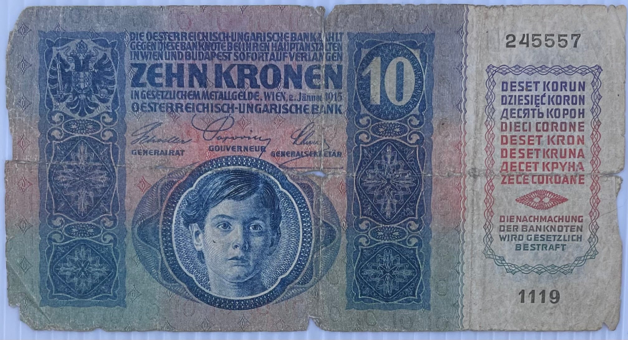 Austria 1915 10 Kronen P-43 Used World Banknote From Lot