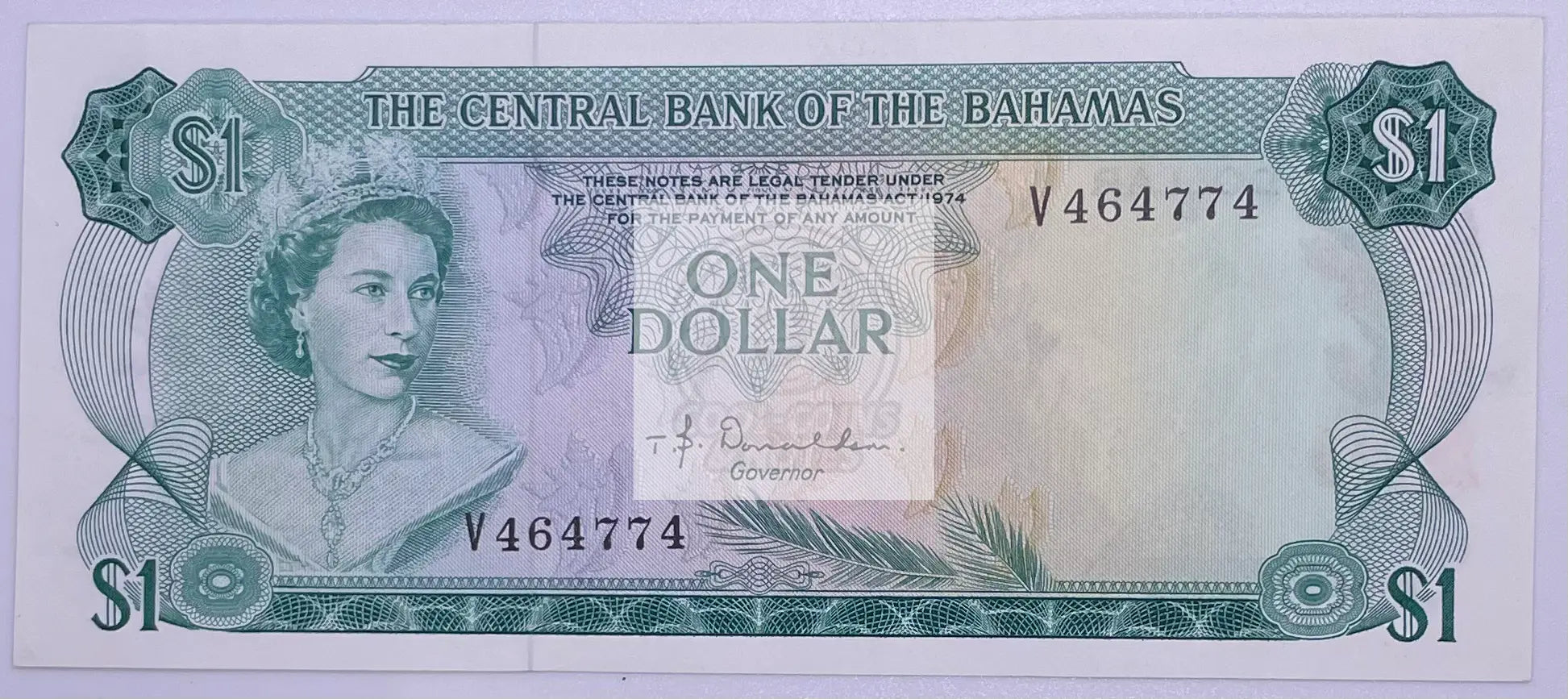 BAHAMAS $1 Dollar 1974, P-35a Donaldson, Central Bank "V" Prefix, UNC, QEII - Cool Coins & Notes