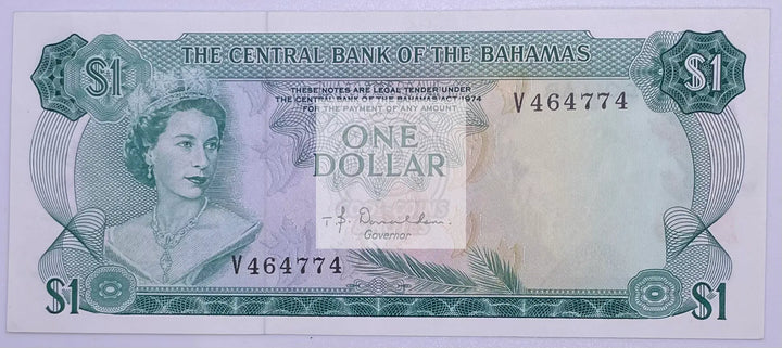 BAHAMAS $1 Dollar 1974, P-35a Donaldson, Central Bank "V" Prefix, UNC, QEII - Cool Coins & Notes