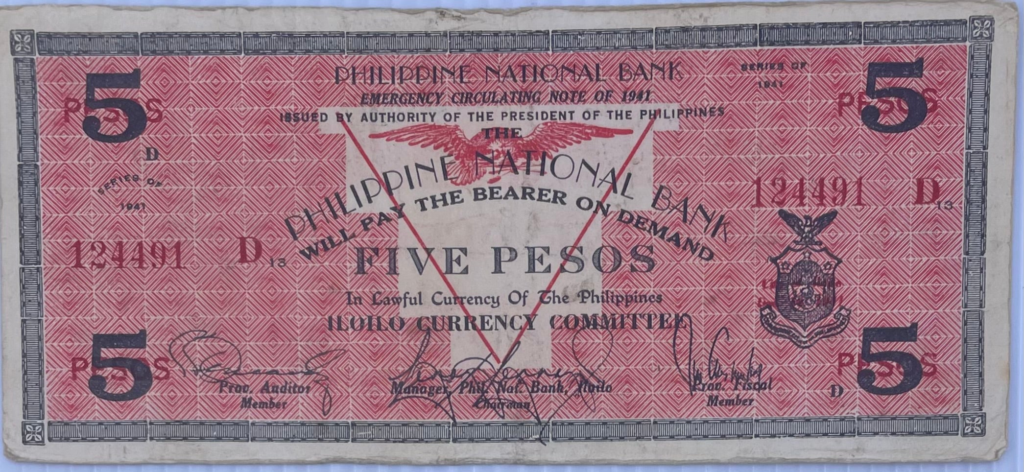 1941 Philippines/Iloilo 5 Pesos Emergency Issue P-S307 World Banknote