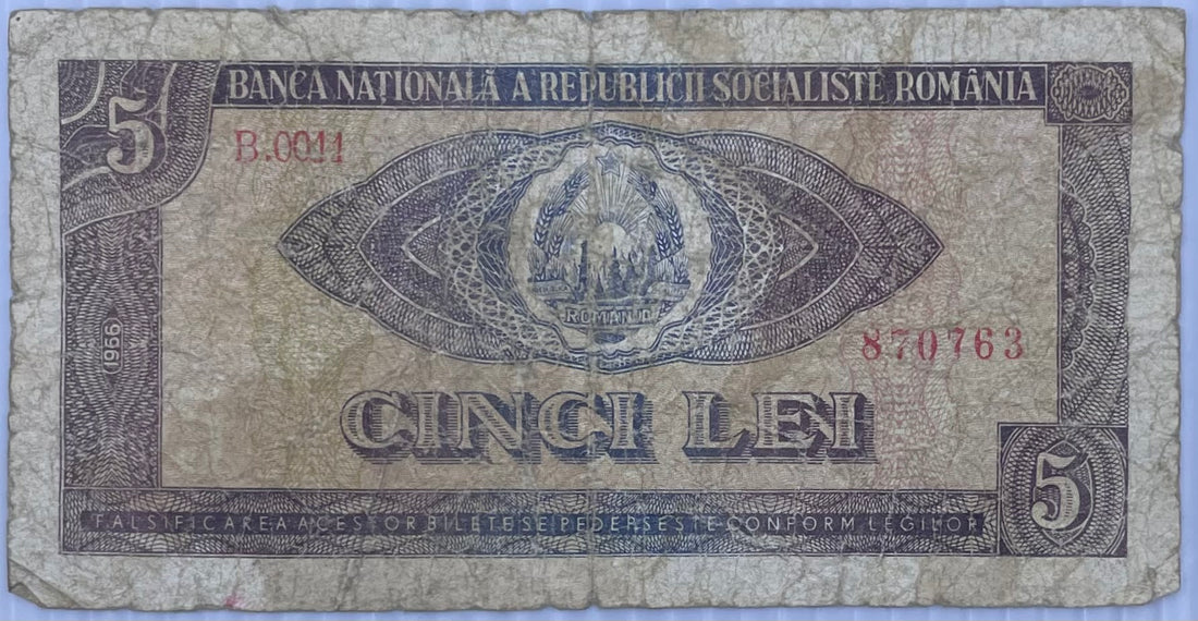 1966 Romania 5 Lei P-93 Used World Banknote