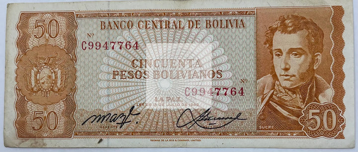 BOLIVIA, 50 PESOS BOLIVIANOS, 1962 P162 - Cool Coins & Notes
