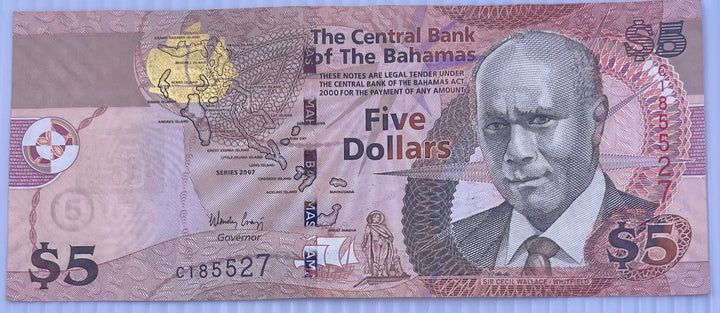 Bahamas 2007 5  Dollars P-72 Used World Banknote Cool Coins & Notes 