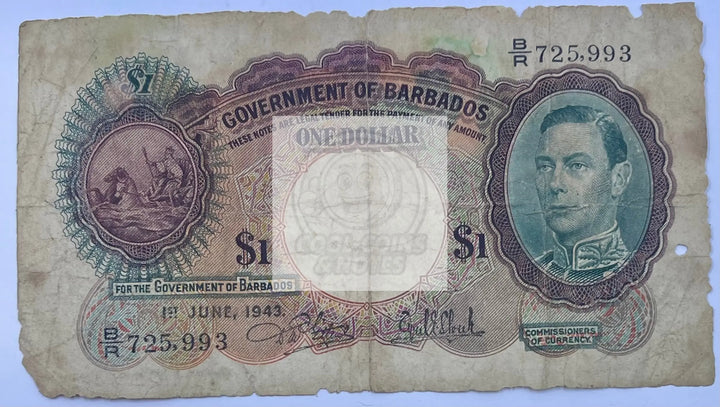 Barbados 1943 1 Dollar P-2 Used World  Banknote Cool Coins & Notes 