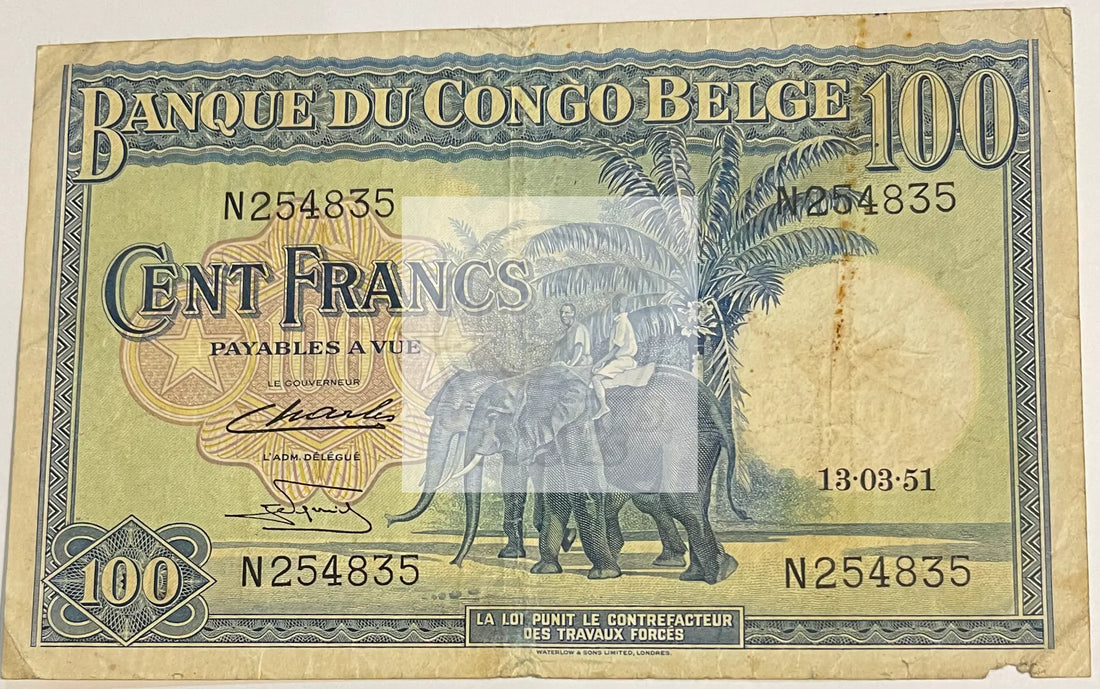 Belgian Congo 1951 100 Francs P-17d, Used World Banknote - Cool Coins & Notes