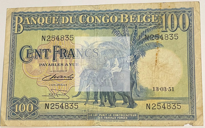 Belgian Congo 1951 100 Francs P-17d, Used World Banknote - Cool Coins & Notes