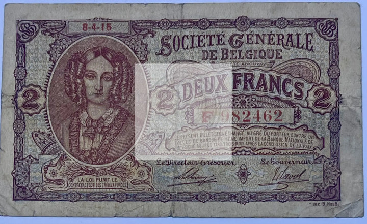 Belgium 1915 2 Francs P-87 Used World Banknote Cool Coins & Notes 