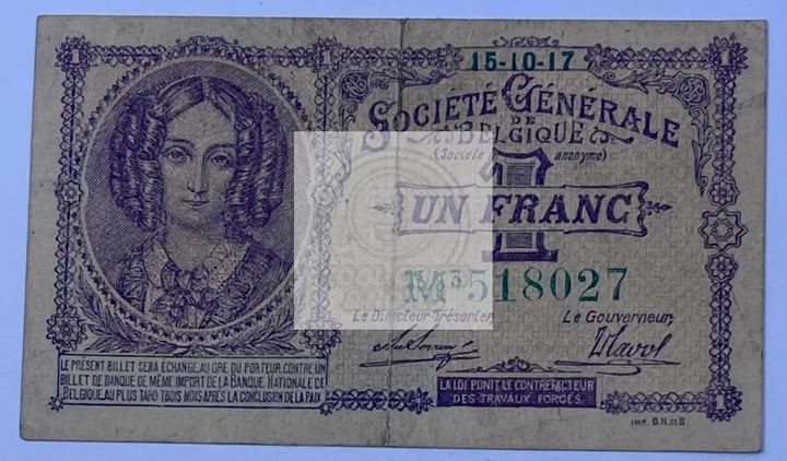 Belgium 1917-1918 1 Franc P-86 Used World Banknote Cool Coins & Notes 