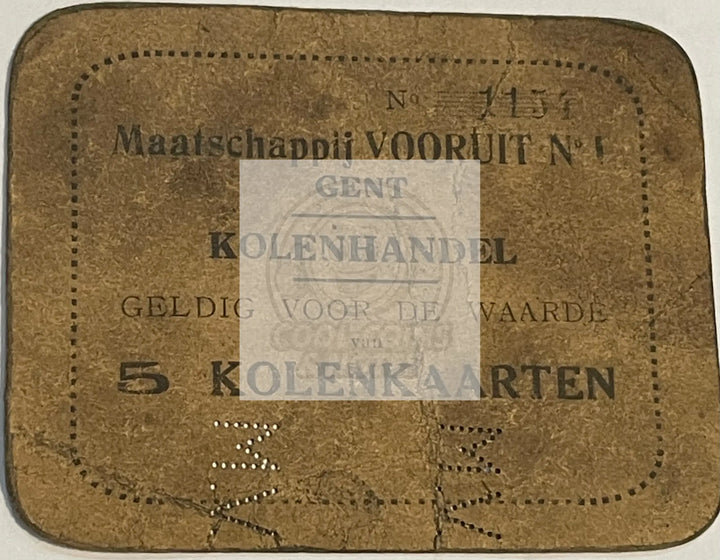 Belgium-Vooruit 1914 5 Kolenkaarten Leather Circulated Banknote Coal Voucher - Cool Coins & Notes