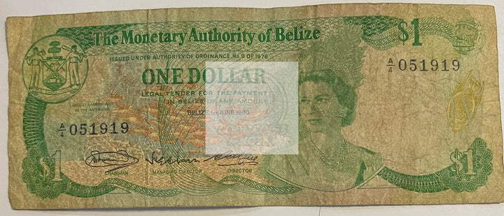 Belize 1980 1 Dollar P-38a, Used World Banknote - Cool Coins & Notes