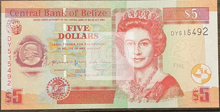 Belize 5 Dollars P 67h 2020 UNC Queen Elizabeth II Banknote - Cool Coins & Notes