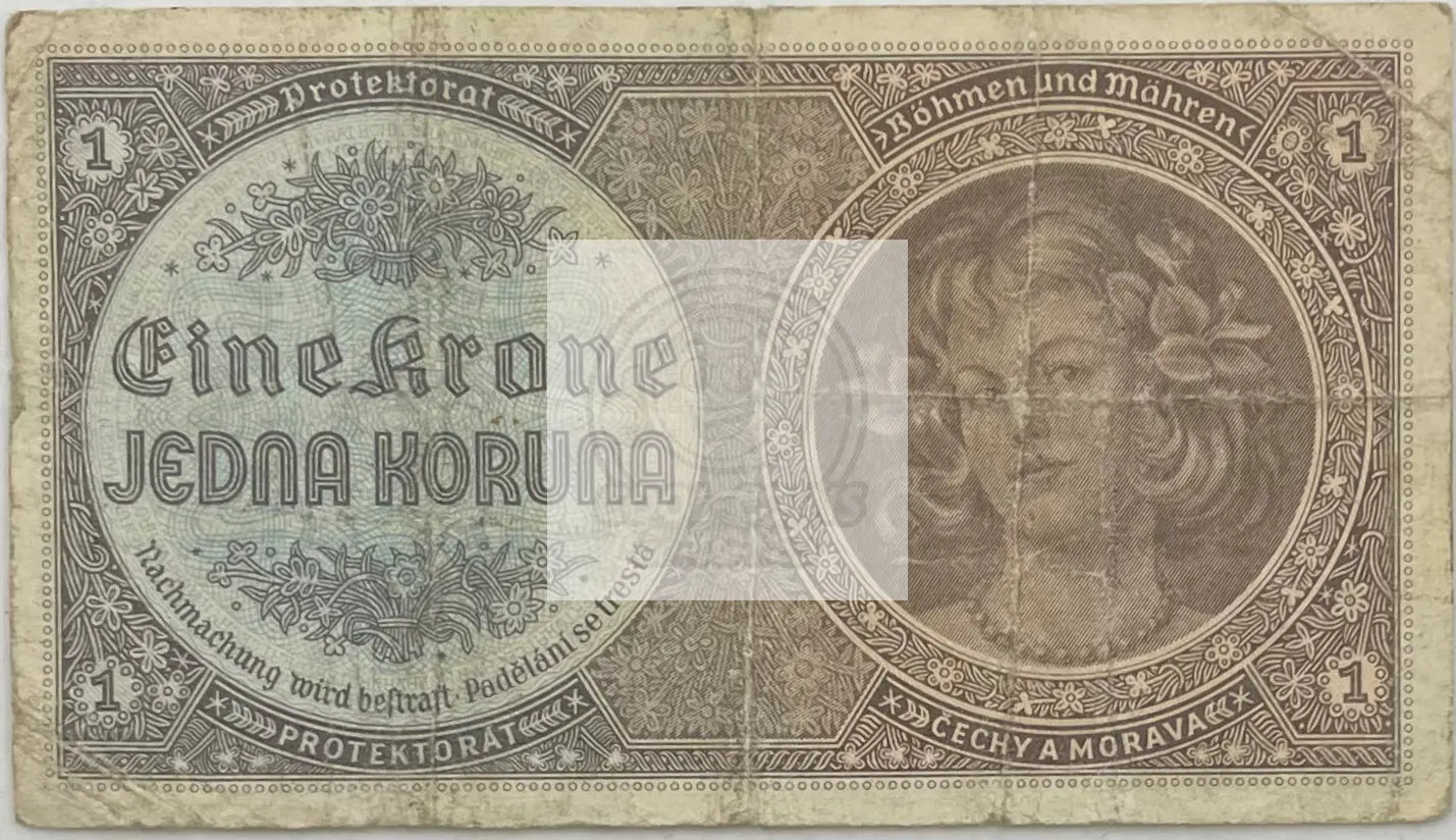 Bohemia & Moravia 1940 1 Koruna P-3s.1 R-558b, German Occ. WW2 World Banknote - Cool Coins & Notes