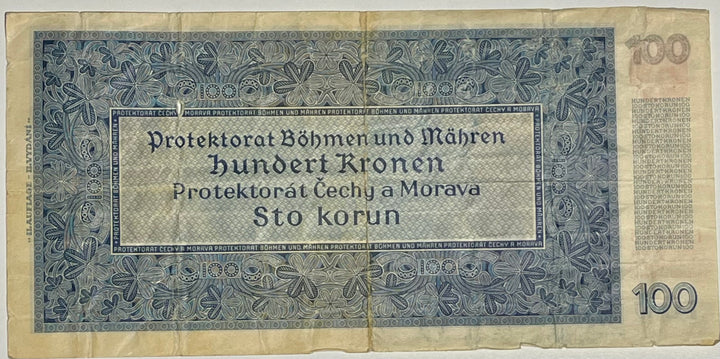Bohemia & Moravia 1940 100 Korun P-7a, Used World Banknote - Cool Coins & Notes