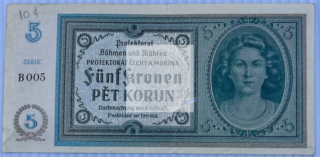 Bohemia & Moravia 1940 5 Korun P-4 WW2 German Occ. Used Banknote - Cool Coins & Notes