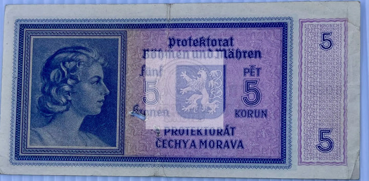 Bohemia & Moravia 1940 5 Korun P-4 WW2 German Occ. Used Banknote - Cool Coins & Notes