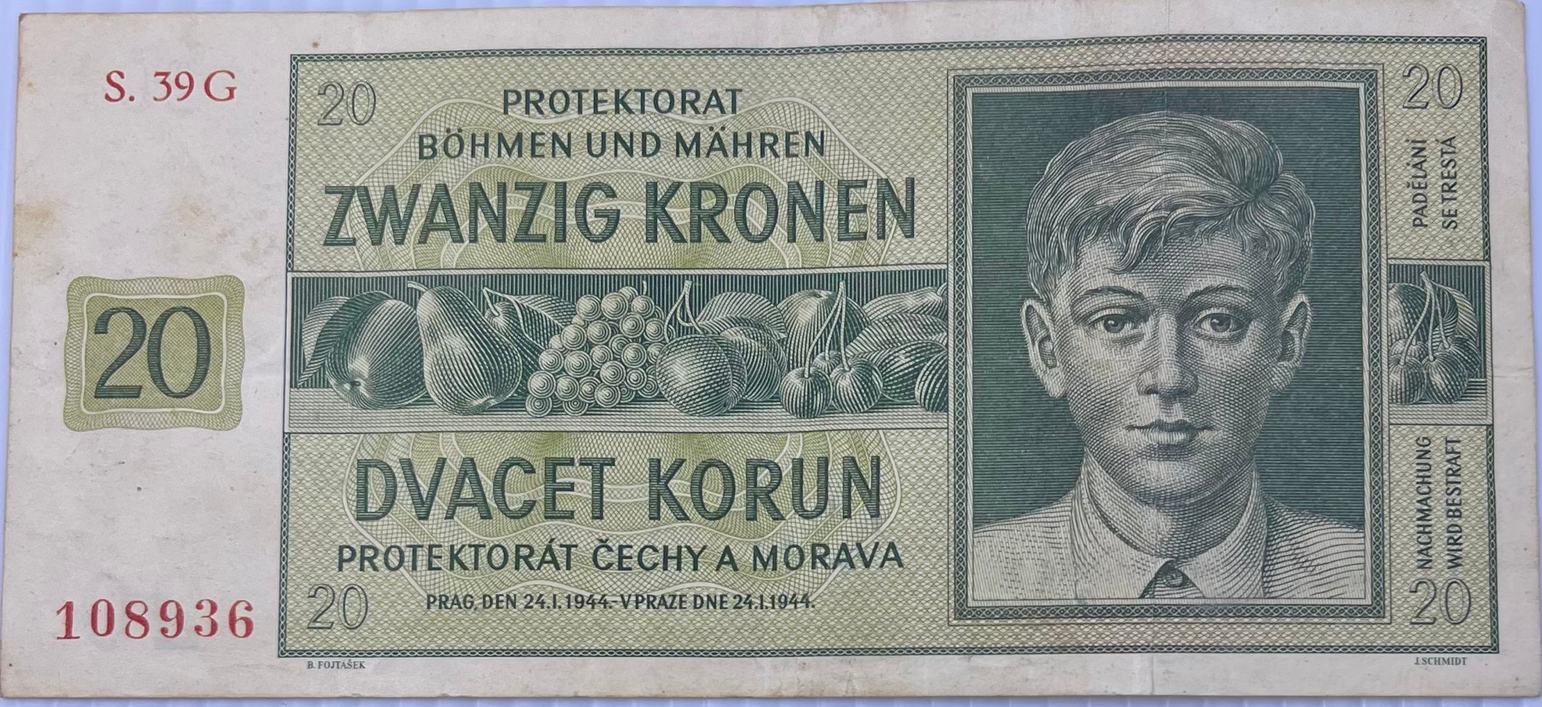 Bohemia & Moravia 1944 20 Korun P-9 WW2 German Occ. Used Banknote - Cool Coins & Notes