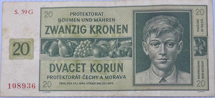 Bohemia & Moravia 1944 20 Korun P-9 WW2 German Occ. Used Banknote - Cool Coins & Notes