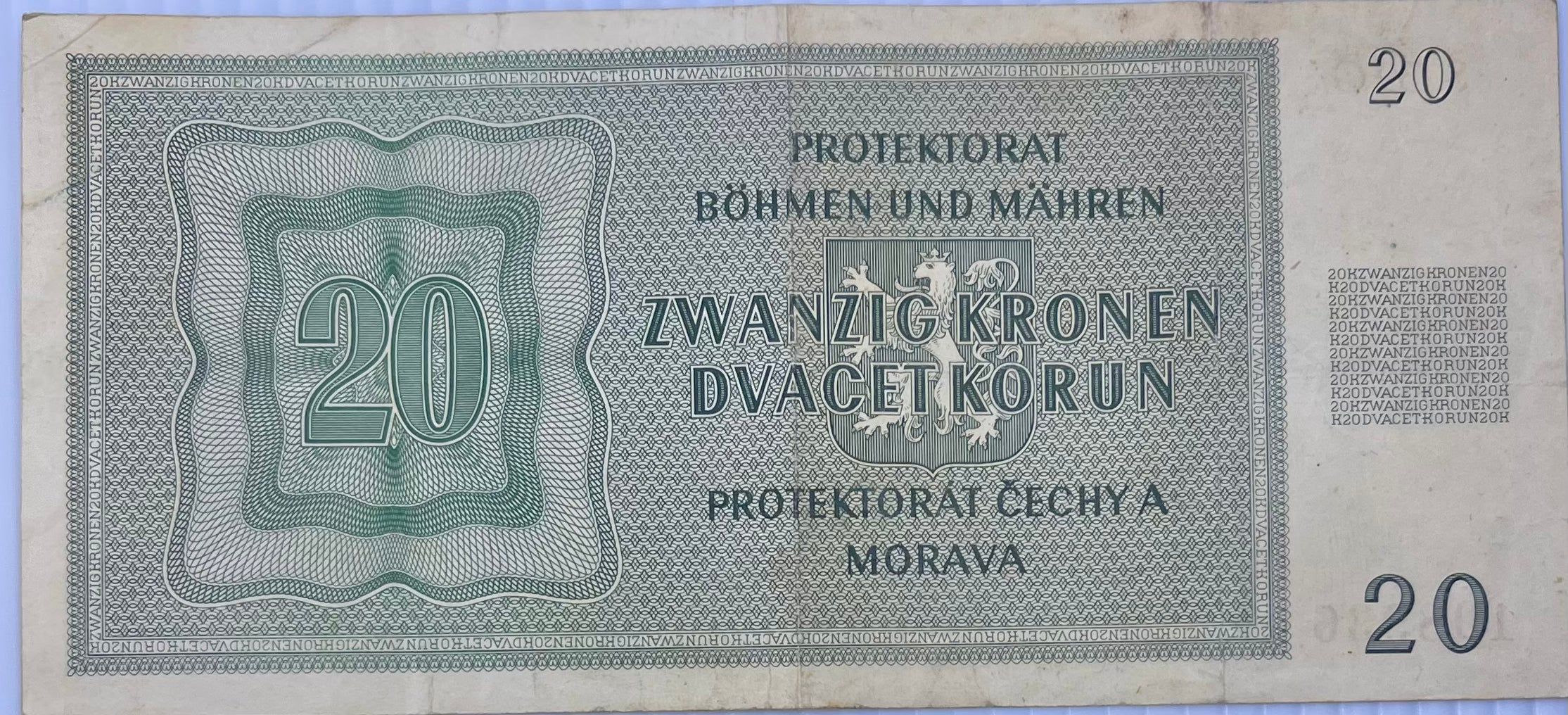Bohemia & Moravia 1944 20 Korun P-9 WW2 German Occ. Used Banknote - Cool Coins & Notes