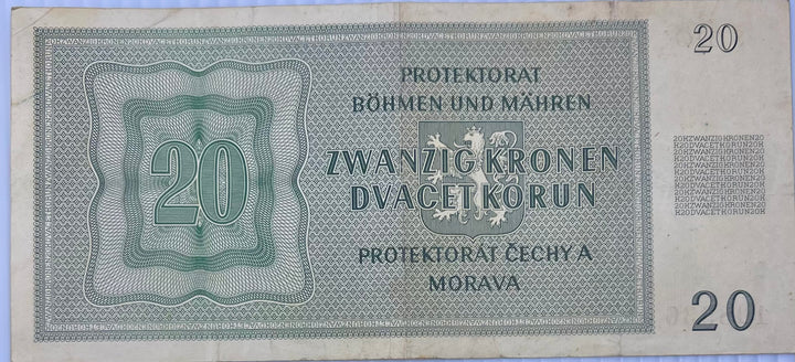 Bohemia & Moravia 1944 20 Korun P-9 WW2 German Occ. Used Banknote - Cool Coins & Notes
