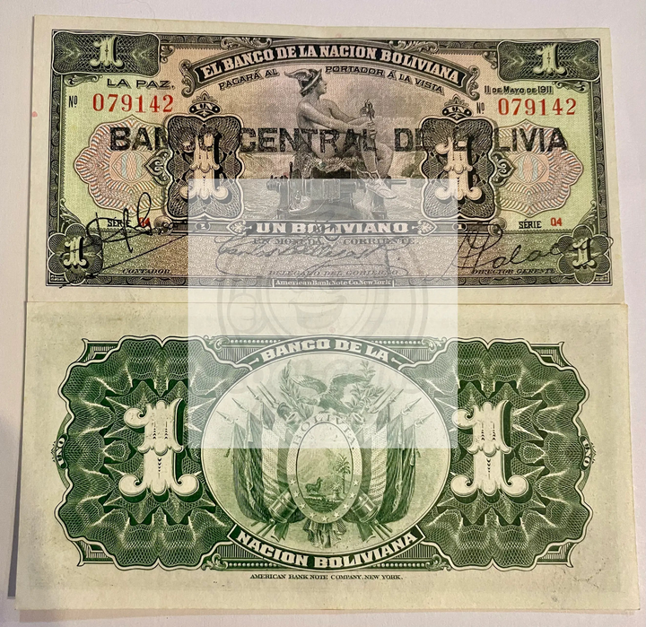 Bolivia 1 Boliviana 1911 P-102a UNC banknote with intricate historical designs and national symbols