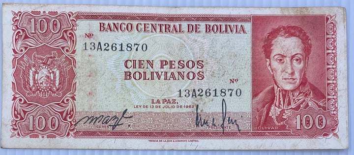 Bolivia 100 Pesos Bolivianos 1962 P-163 Used Banknote - Cool Coins & Notes