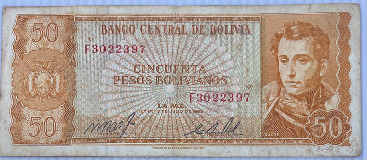 Bolivia 50 Pesos Bolivianos 1962 P-162 Used Banknote - Cool Coins & Notes