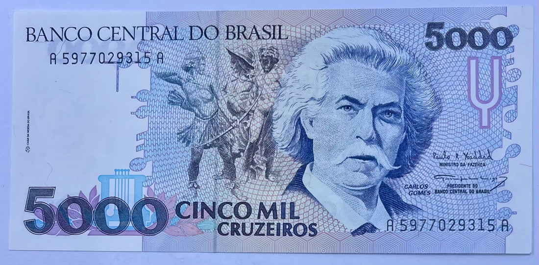 Brazil 1990 5000 Cruzeiros banknote featuring Manuel Deodoro da Fonseca and Brazilian flag over Brasília in UNC condition