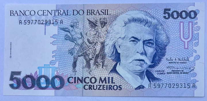 Brazil 1990 5000 Cruzeiros banknote featuring Manuel Deodoro da Fonseca and Brazilian flag over Brasília in UNC condition