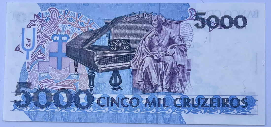 Brazil 1990 5000 Cruzeiros banknote featuring Manuel Deodoro da Fonseca and Brazilian flag over Brasília skyline in UNC condition