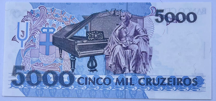 Brazil 1990 5000 Cruzeiros banknote featuring Manuel Deodoro da Fonseca and Brazilian flag over Brasília skyline in UNC condition