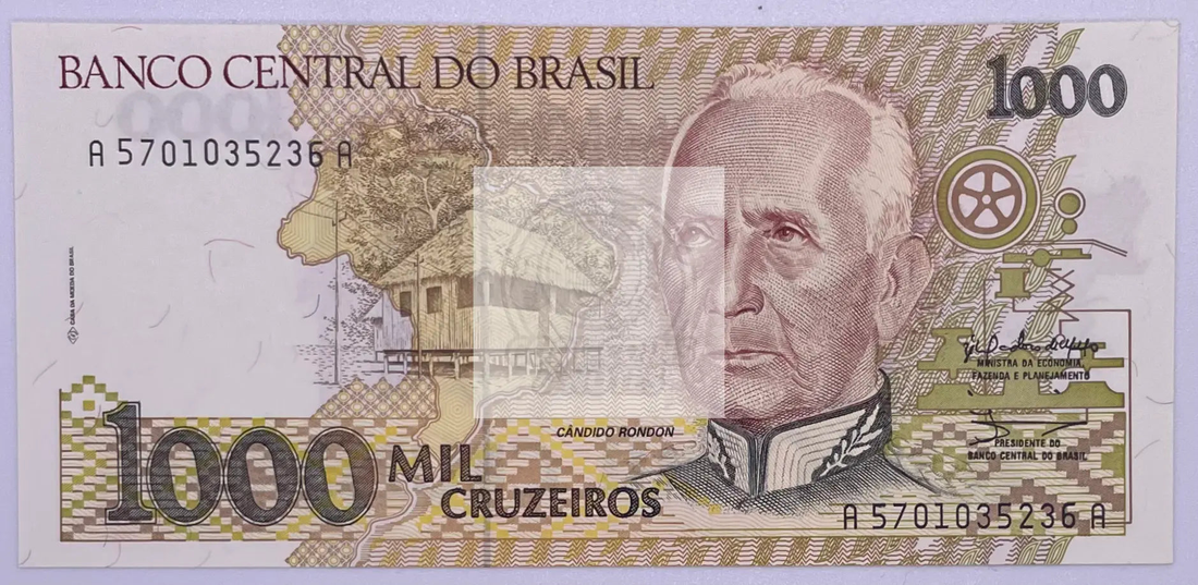 Brazil 1990-91 P-231 1000 Cruzeiros UNC banknote showcasing Brazilian cultural symbols and intricate design