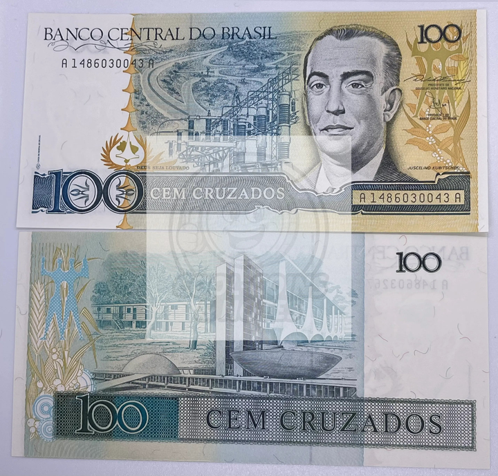 Brazil P-211 100 Cruzados UNC banknote featuring Rui Barbosa and Brazilian flag over Brasília