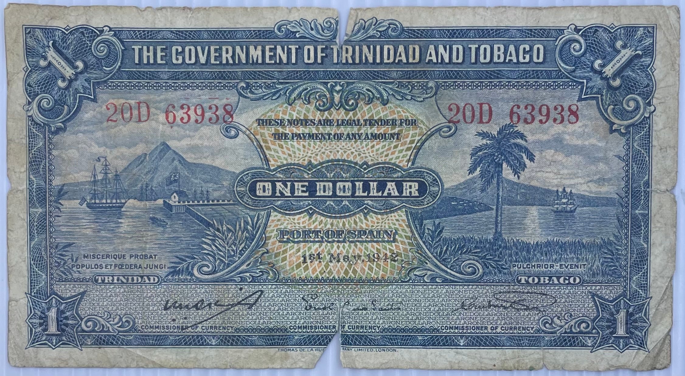1942 Trinidad & Tobago $1 Dollar P-5 Circulated Banknote