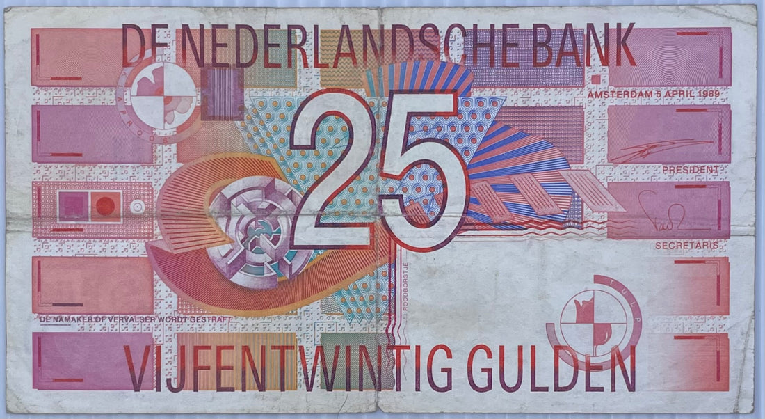 1989 Netherlands 25 Gulden P-100 Used World Banknote