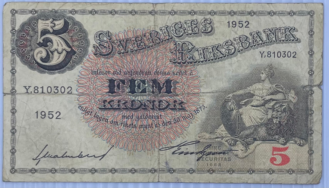 1952 Sweden 5 Kronor Circulated World Banknote