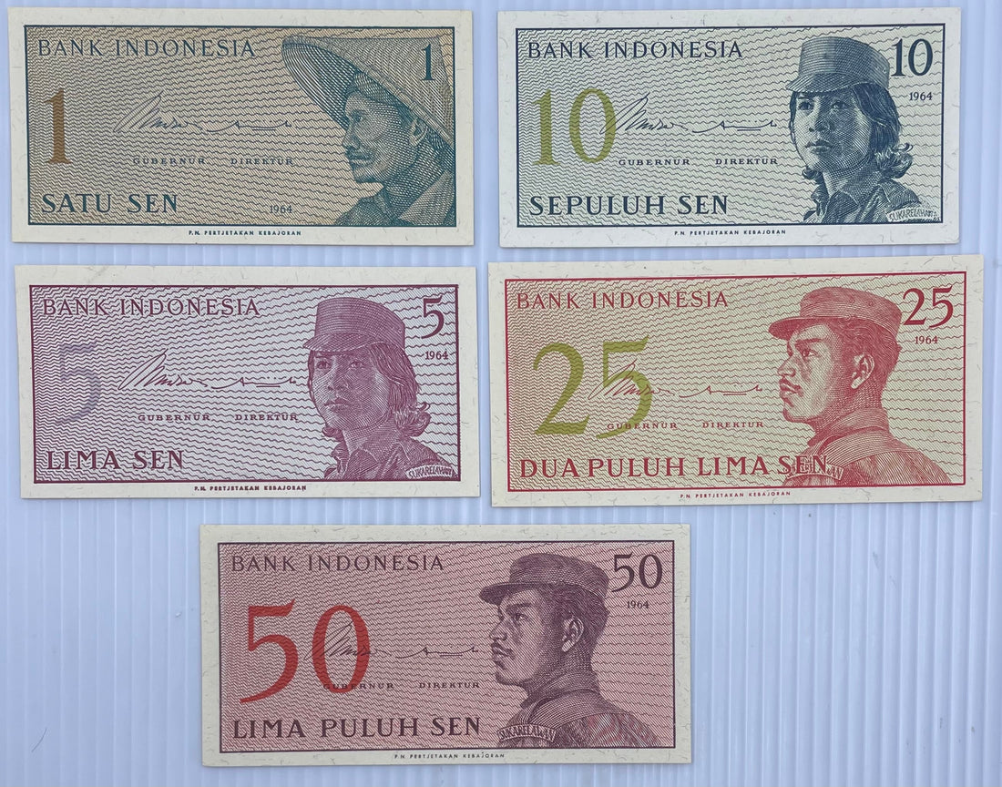 Indonesia Set 1, 5, 10, 25, 50 Sen 1964 uncirculated banknotes P-90 to P-94