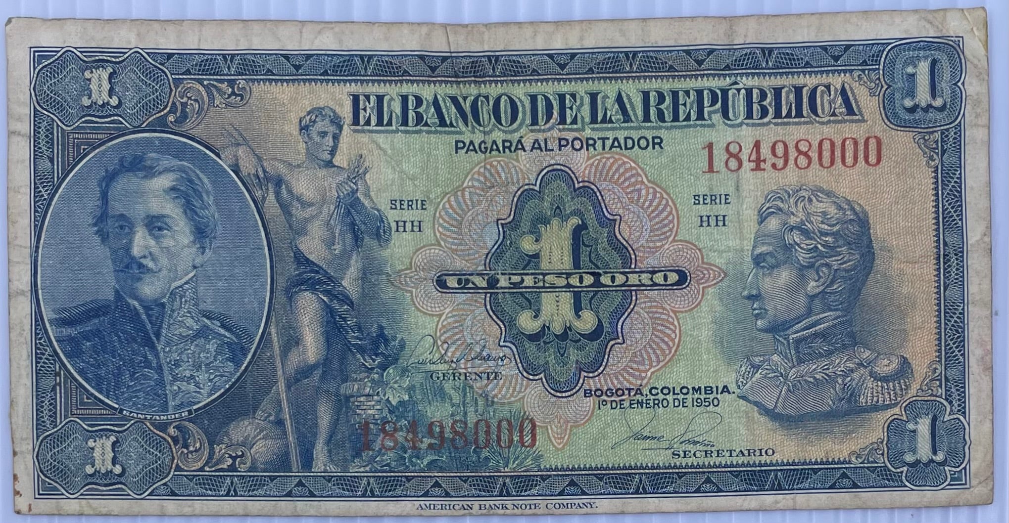 1950 Columbia 1 Peso P-380 Circulated World Banknote