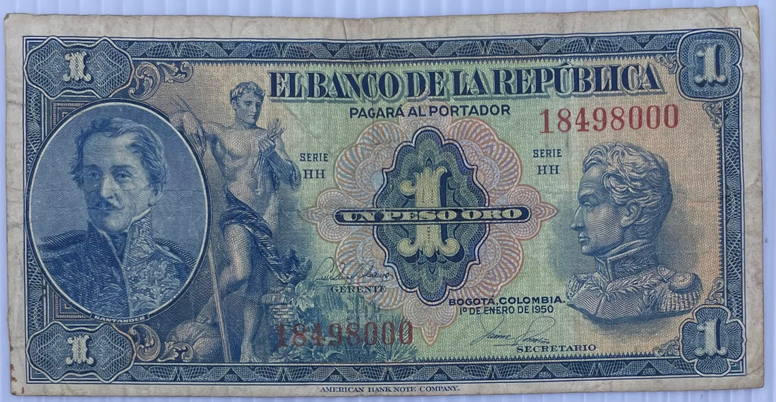 1950 Columbia 1 Peso P-380 Circulated World Banknote